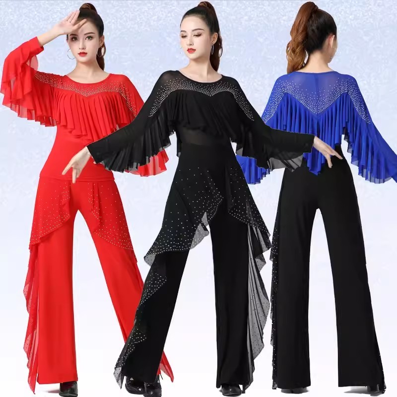 ラテン衣装フリル社交女性トップスポールダンス服バレエスタンダードエレガントモダンフェスティバル衣装ジャズストリートシャツ