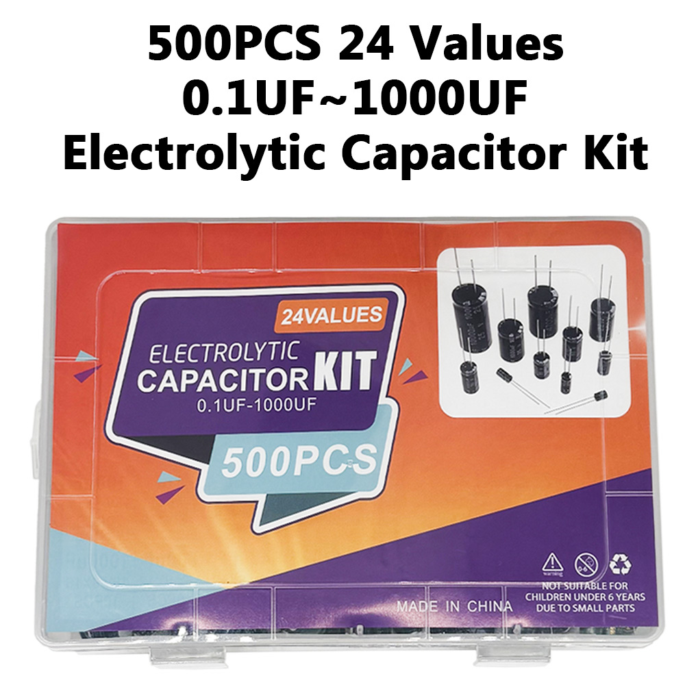 500 個 DIP 電解コンデンサキット 10V 16V 25V 50V 0.1uF-1000uF 24 値混合コンポーネントキット DIY 電子プロジェクト用