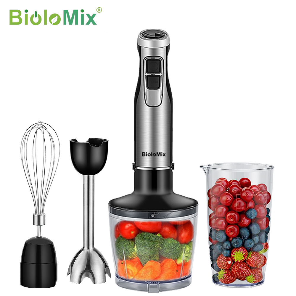 BioloMix 4 in 1 ハイパワー 1200W 浸漬ハンドスティックブレンダーミキサー、チョッパーとスムージーカップステンレススチールアイスブレード付き
