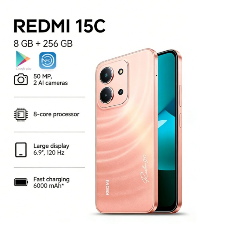2026 新しい REDMI 15C グローバル エディション Redmi 15C 5G 8 256GB スマートフォン: 長いバッテリー寿命を備えた超スリム 6000mAh スマートフォン