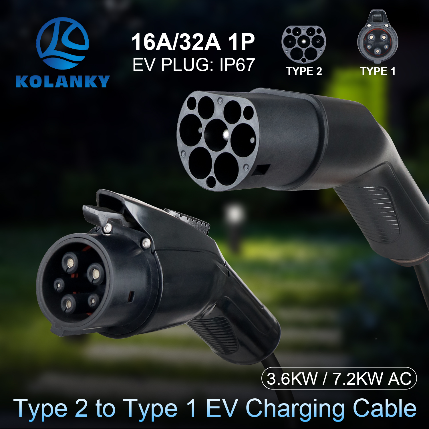 Kolanky EV 充電ケーブル 16A 3.6KW 3.5 メートル 32A 7.2KW 3 メートルタイプ 2 からタイプ 1 充電ケーブル電気自動車車公共ステーション