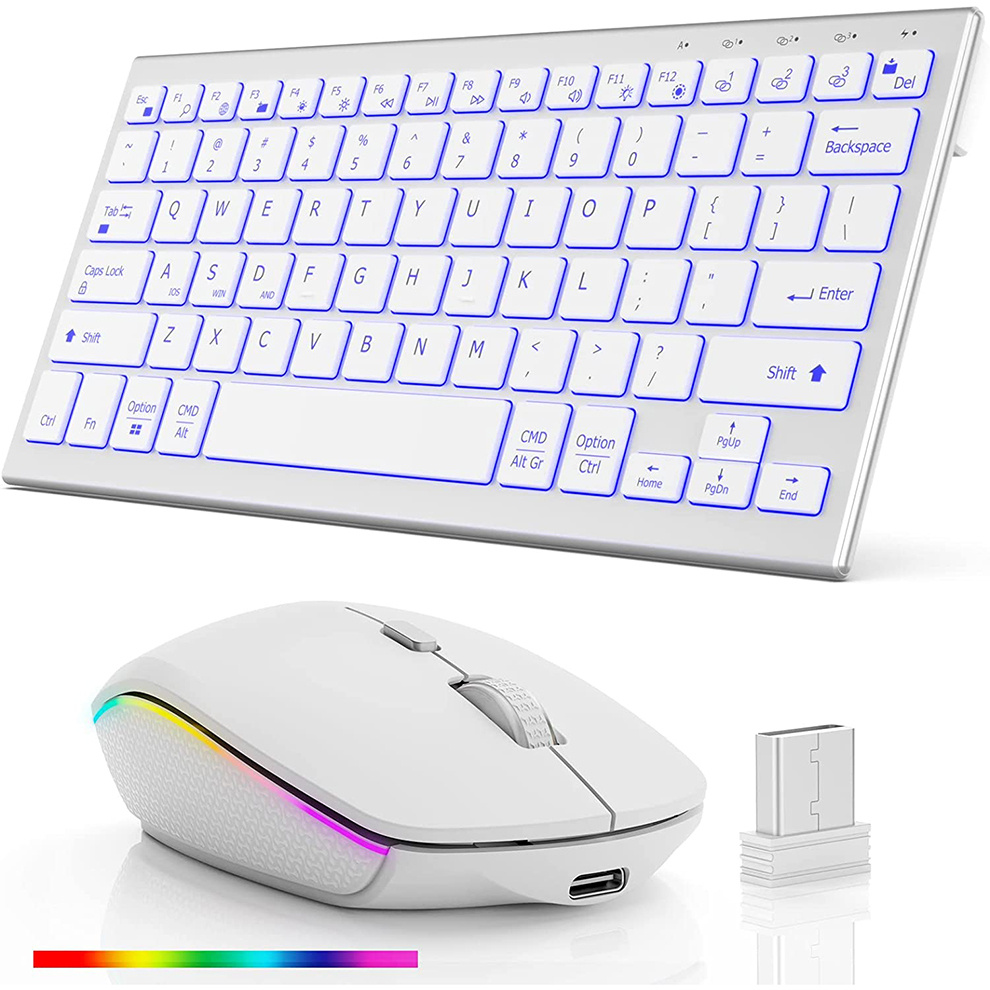 7 色のバックライト付き 2.4 グラム Bluetooth キーボードとマウスコーム USB 充電式ワイヤレスキーボードマウスセット Mac Windows Andriods 用