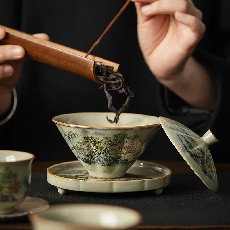 景徳鎮-竹帽子付きセラミックティーカップ、伝統的な手作りの茶器、シングルボウル、蓋付きカンフーティー、Sancai Gaiwan