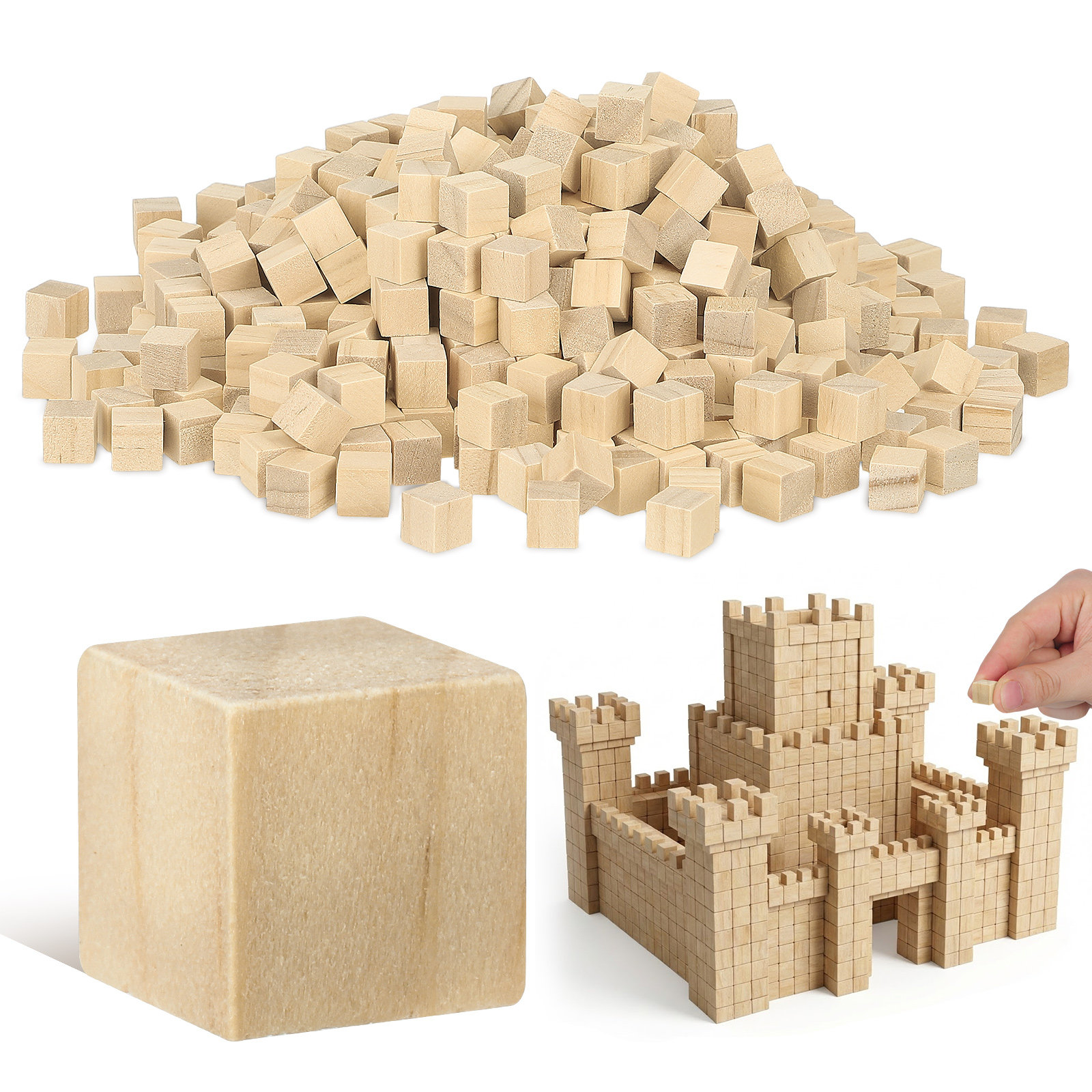 500個1cm未完成木製キューブ、DIYプロジェクト用パインウッドブロック、家の装飾画材のクラフト、パズル作り