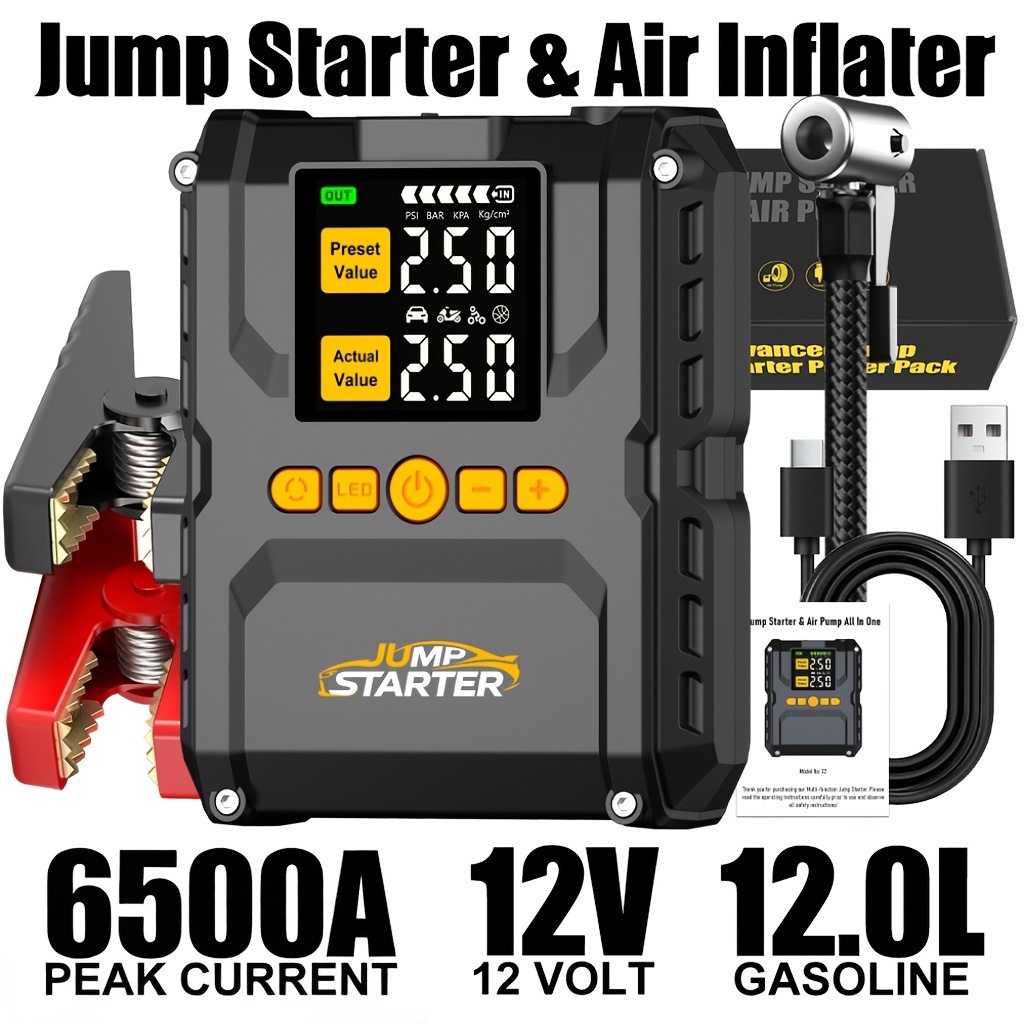 6500A 高速ジャンプスターター、統合 150PSI タイヤインフレーター、車用ポータブルパワーバンク、LED 緊急懐中電灯、スマート安全保護、QC 3.0 USB 充電、内蔵エアコンプレッサー、バッテリーブースト
