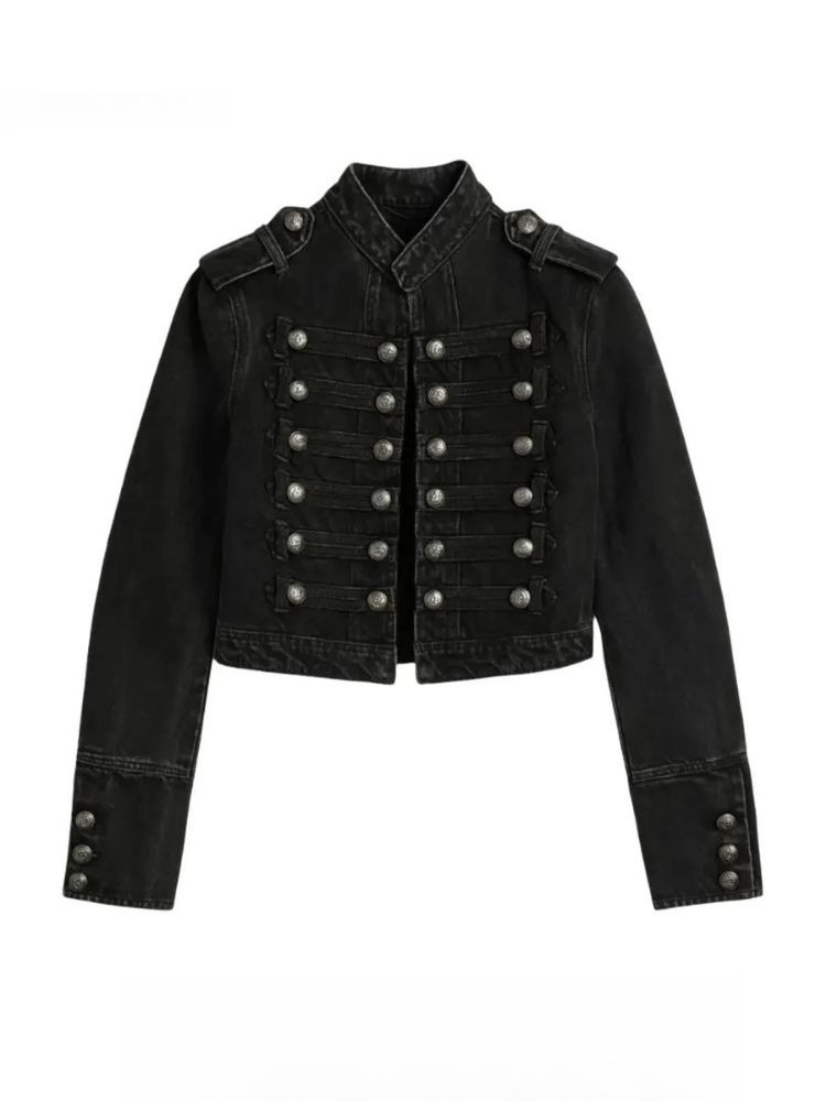 Y2K レトロ Hussars ジャケットスタンドカラーダブルブレストボタンクロップドジャケットナポレオンオールドマネー BLK デニムジャケット女性ボクシーコート