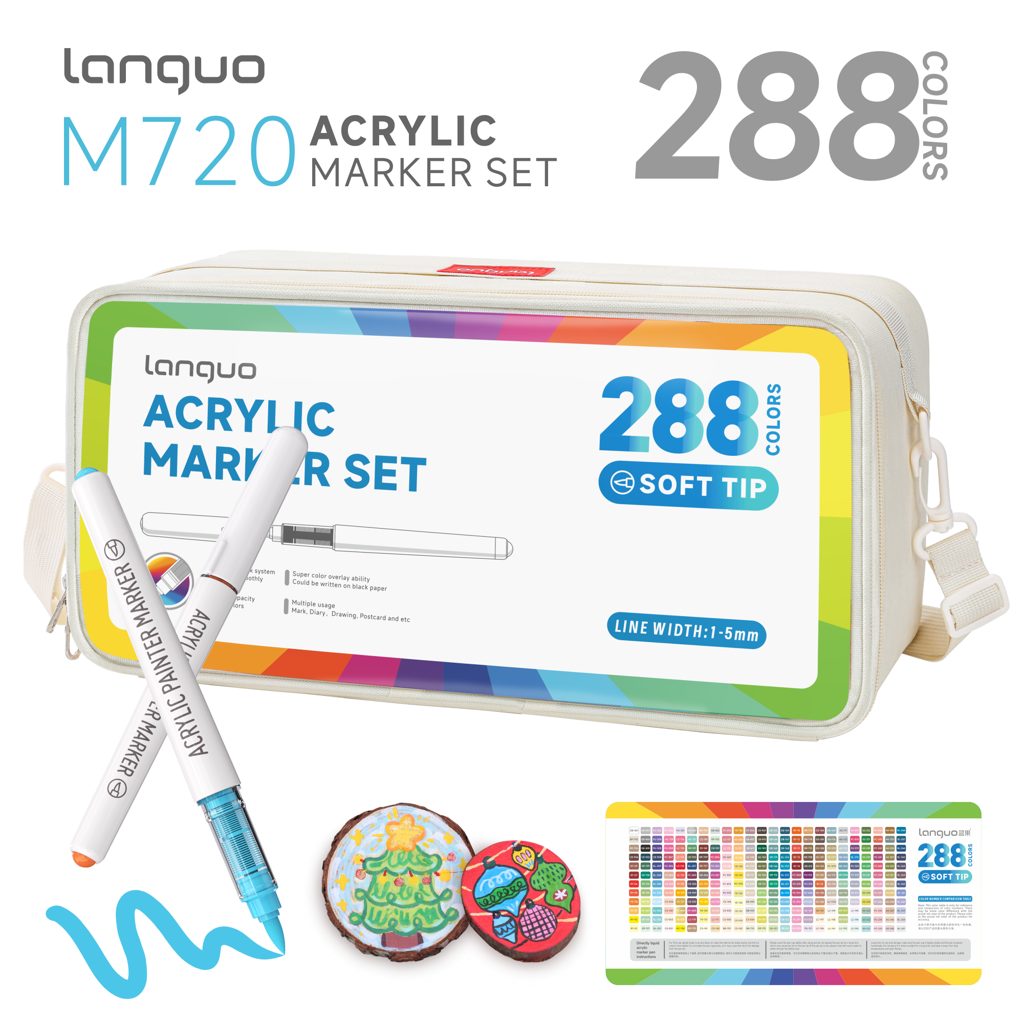 Languoアクリルマーカー、Languo 288/240/192/96色ダイレクト液体アクリルマーカーペン、交換用ペン先付き