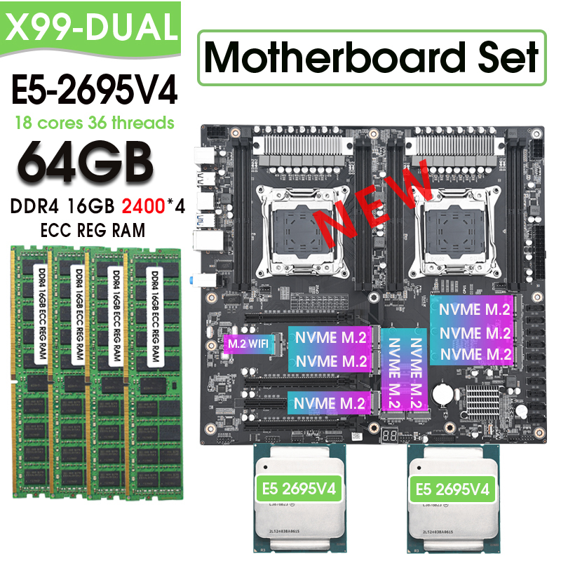 X99 デュアルマザーボードセットコンボキット XEON E5 2695 V4*2 および 4*16GB= 64GB 2400MHz DDR4 ECC REG メモリ LGA2011 V3 V4 SATA3.0
