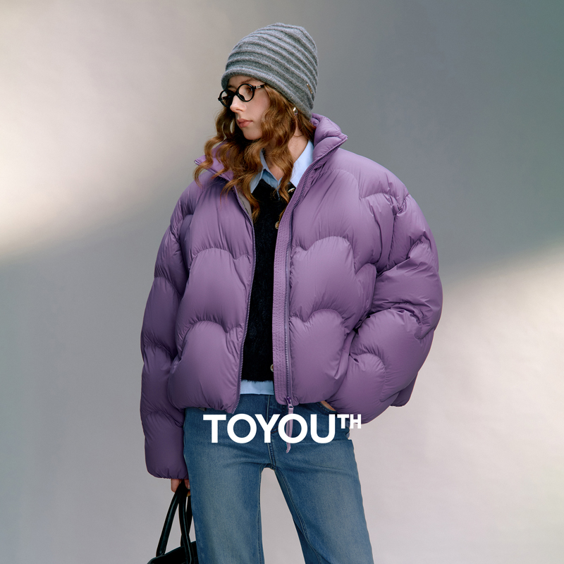 TOYOOUTH 女性 90% ホワイトダックダウンジャケット 2025 冬の新超軽量波パターンスタンドアップカラーショートパーカーコート
