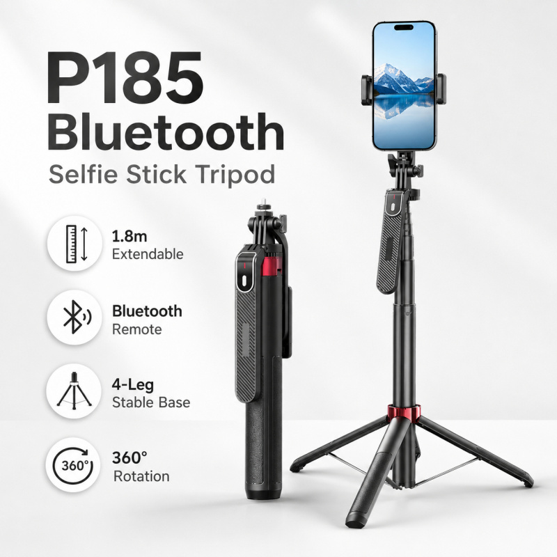 P185 Bluetooth 自撮り棒三脚、1.8 メートル拡張可能な電話三脚スタンド、取り外し可能なリモート、手ぶれ防止ポータブル 4 脚自撮り
