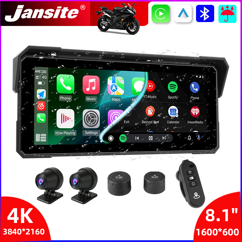 Jansite ポータブル 8.1 インチ IP67 防水オートバイ 4K DVR GPS ナビゲーションワイヤレス Carplay Android 自動モトレコーダーモニター
