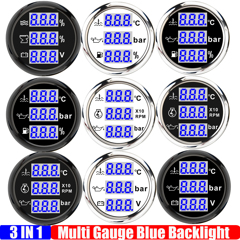 ブルー LED デジタル 52 ミリメートルゲージ 3IN1 水温計/油圧/電圧/水位/下水位/燃料計/タコメーター