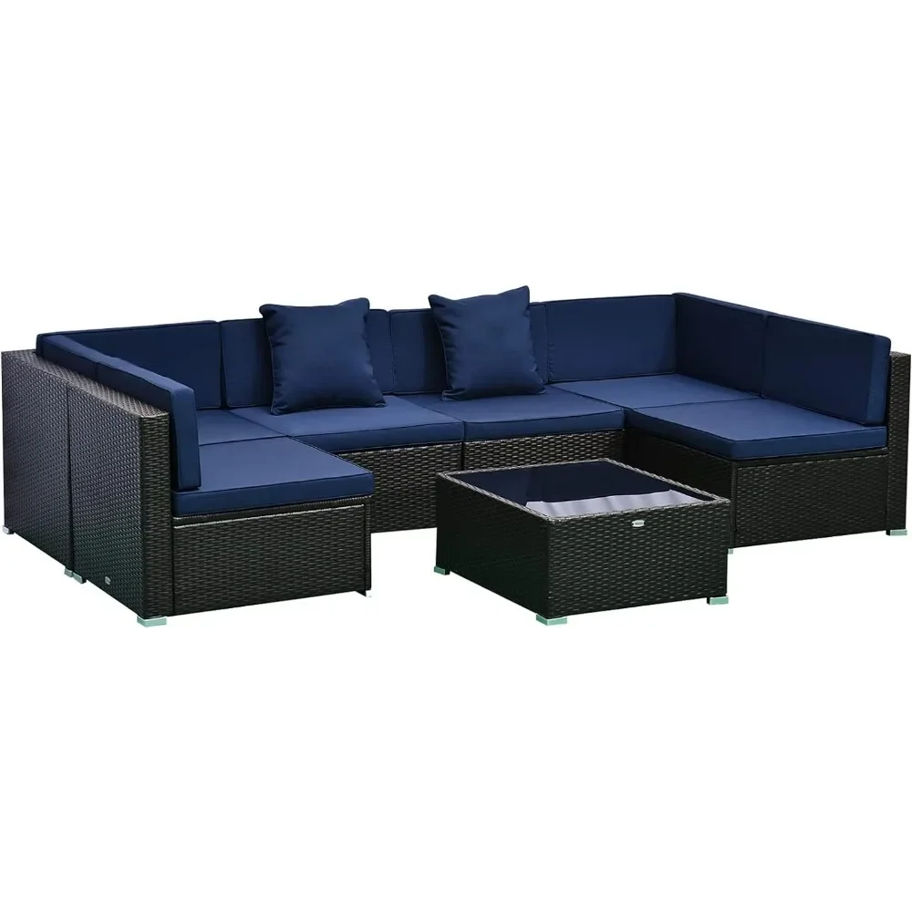 # l 7-piece outdoor furniture set, wicker dialogue set, all-weather rattan combination set, with cushion and tempered glass tabl