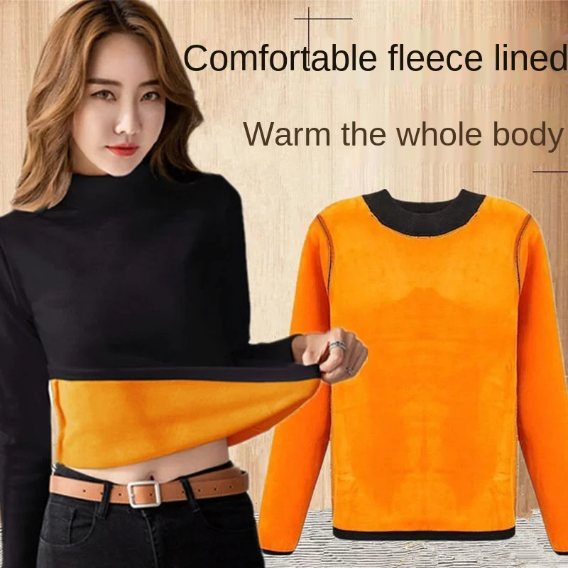 冬の熱下着女性の厚いベルベットワンピーストップス着用秋服ミッドハイカラーボトリングシャツ