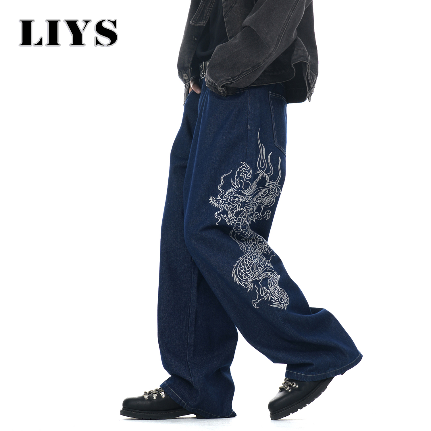 LIYS 新メンズブルーだぶだぶドラゴン刺繍ワイドレッグジーンズ春夏クラシックブルーだぶだぶウォッシュデニムパンツユニセックス服