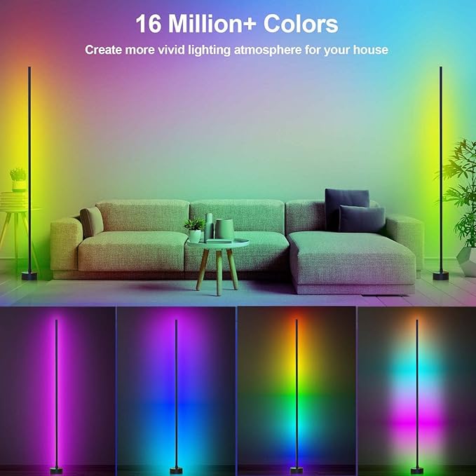スマートRGB LEDコーナーフロアランプ、アプリとリモコン、音楽同期変色ライト、モダンなムード照明、リビングルーム、ベッドルーム、ゲームセットアップ用