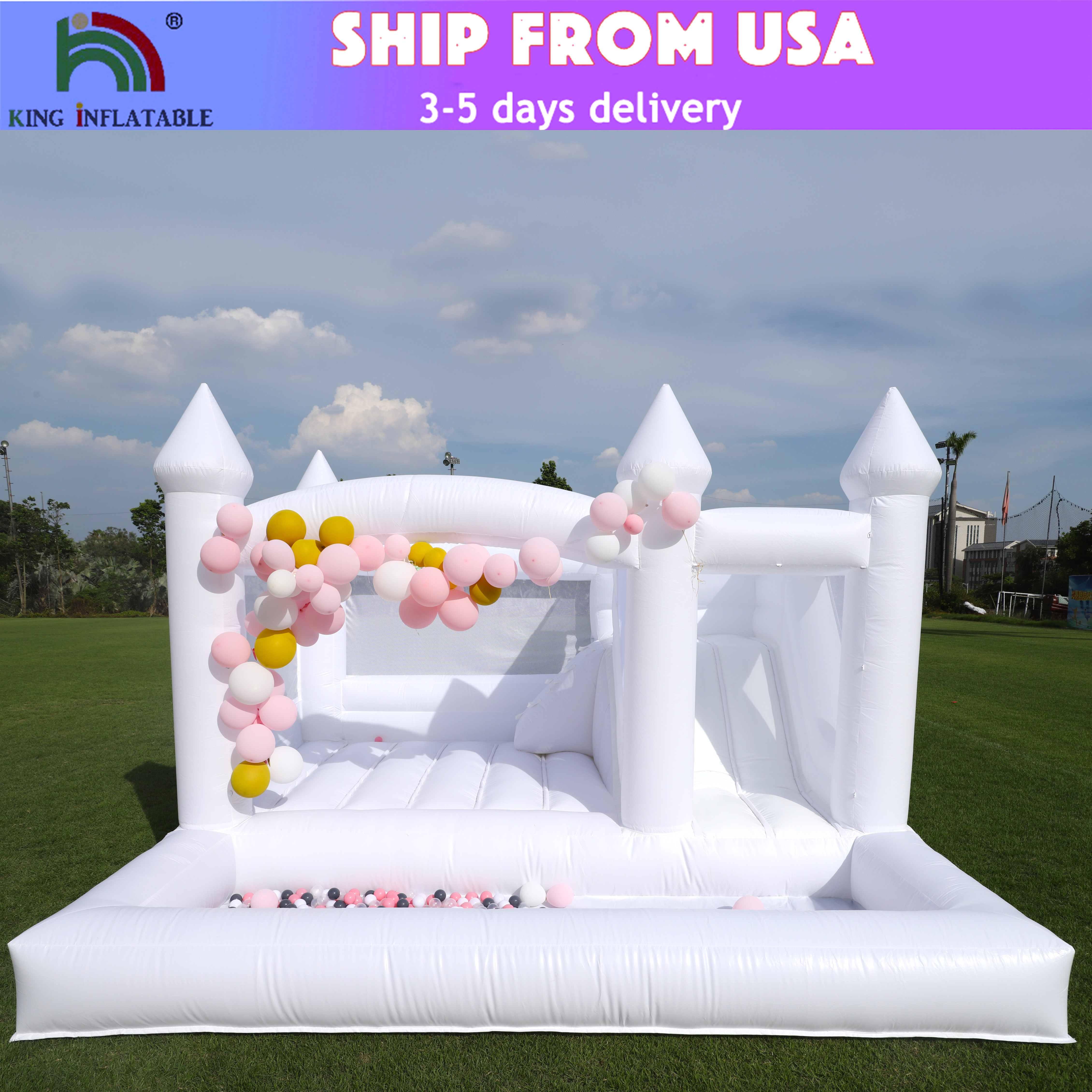 Commercial Inflatable White Bounce House for Kids, Water Slide with Ball Pit, Jumping Castle, Bouncer Blower, 15ft