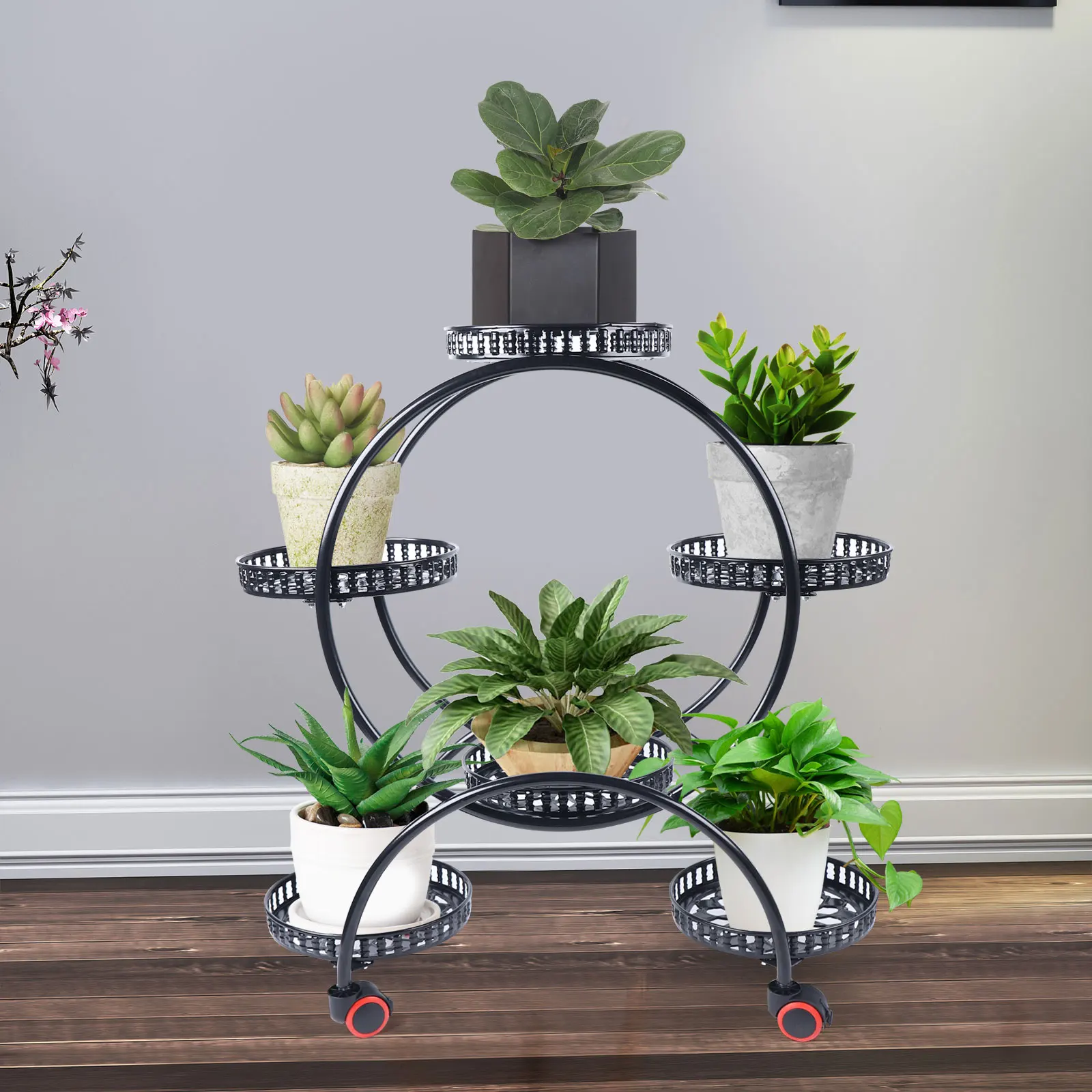 金属製プラントスタンド 6 ポット植物フラワースタンド パティオガーデンリビングルームコーナーバルコニー寝室用ブラック/ホワイト