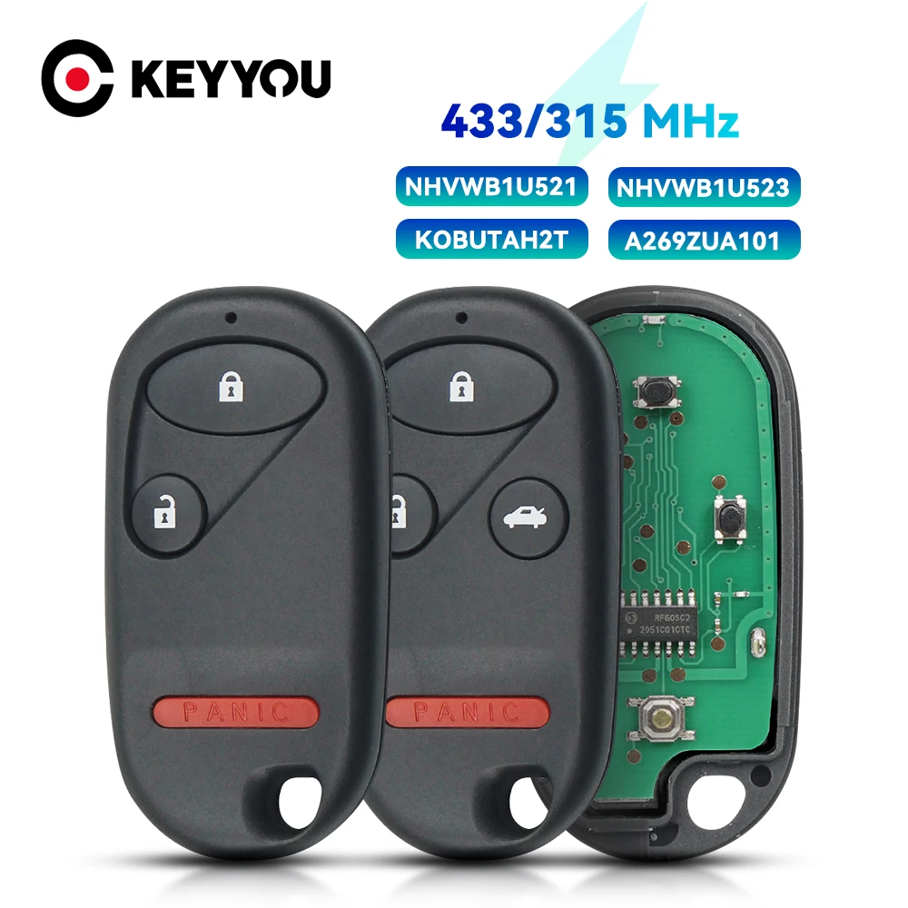 KEYYOU 車のキー 3/4 ボタンリモコンキーフォブ 315/433MHz ホンダシビック 2001 -2005 アコードアキュラ TL 1998-2003 CR-V 1997-2001