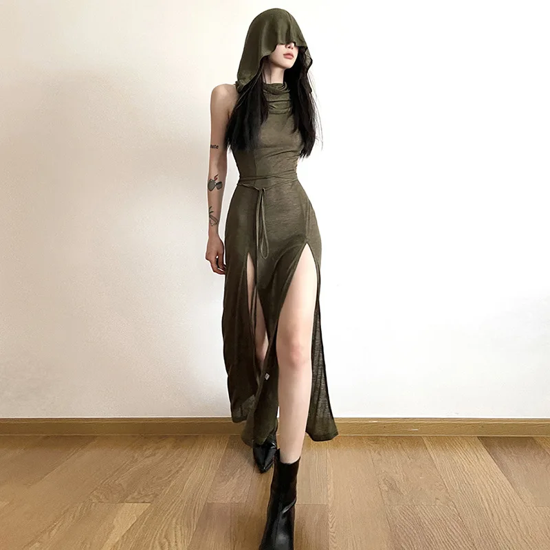 2023 夏のファッショントレンド婦人服新フード付きルーズ裾スリットパーソナライズされたドレスパーティードレスクラブ服