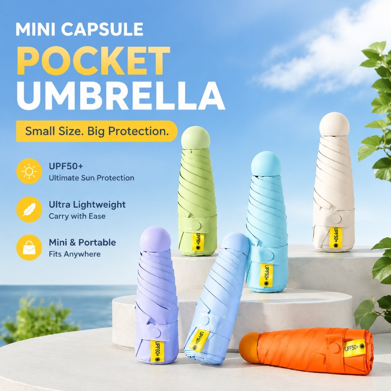 ミニカプセル折りたたみ傘 UPF50 UV カット 5 つ折り超軽量ポータブル旅行傘大人と子供用