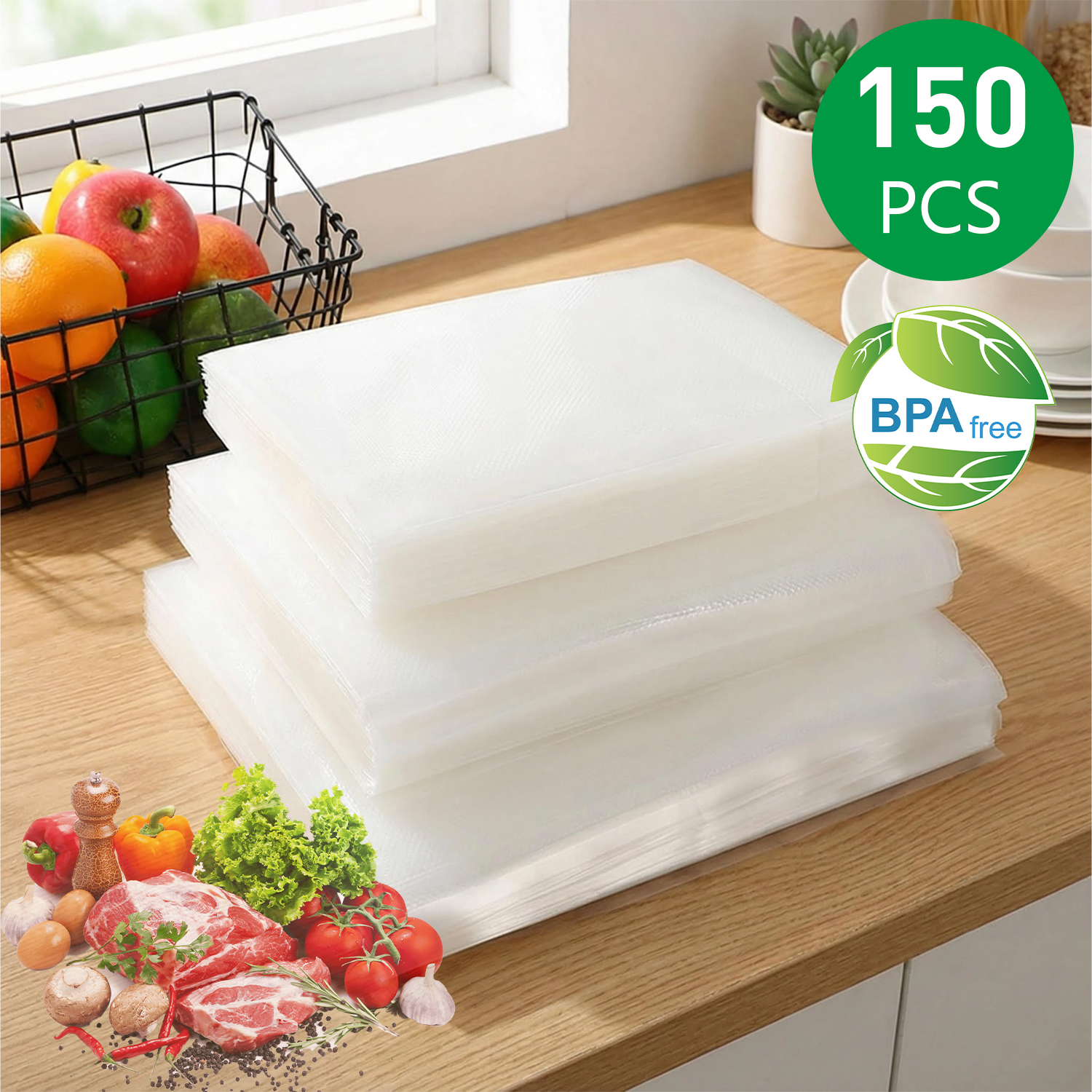 食品用真空シーラーバッグ、150個（3サイズコンボ）、BPAフリー、冷凍庫用食品保存、真空調理での食事の準備、食品保存
