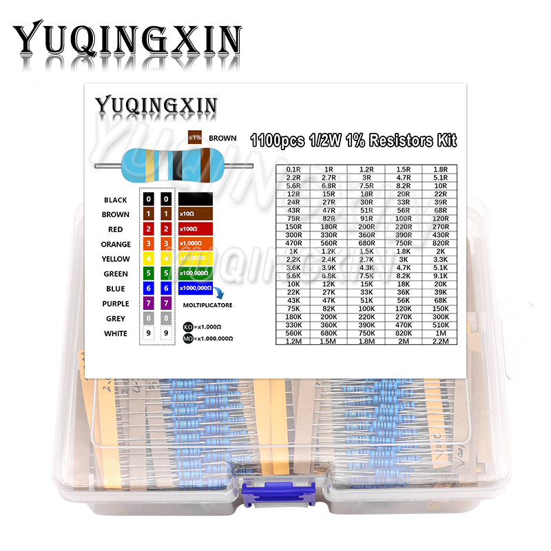 1100 個 1/2W 金属皮膜抵抗キット 1% 0.1 オーム - 2.2M 110 値 X10 個 0.5W 抵抗セット詰め合わせパック