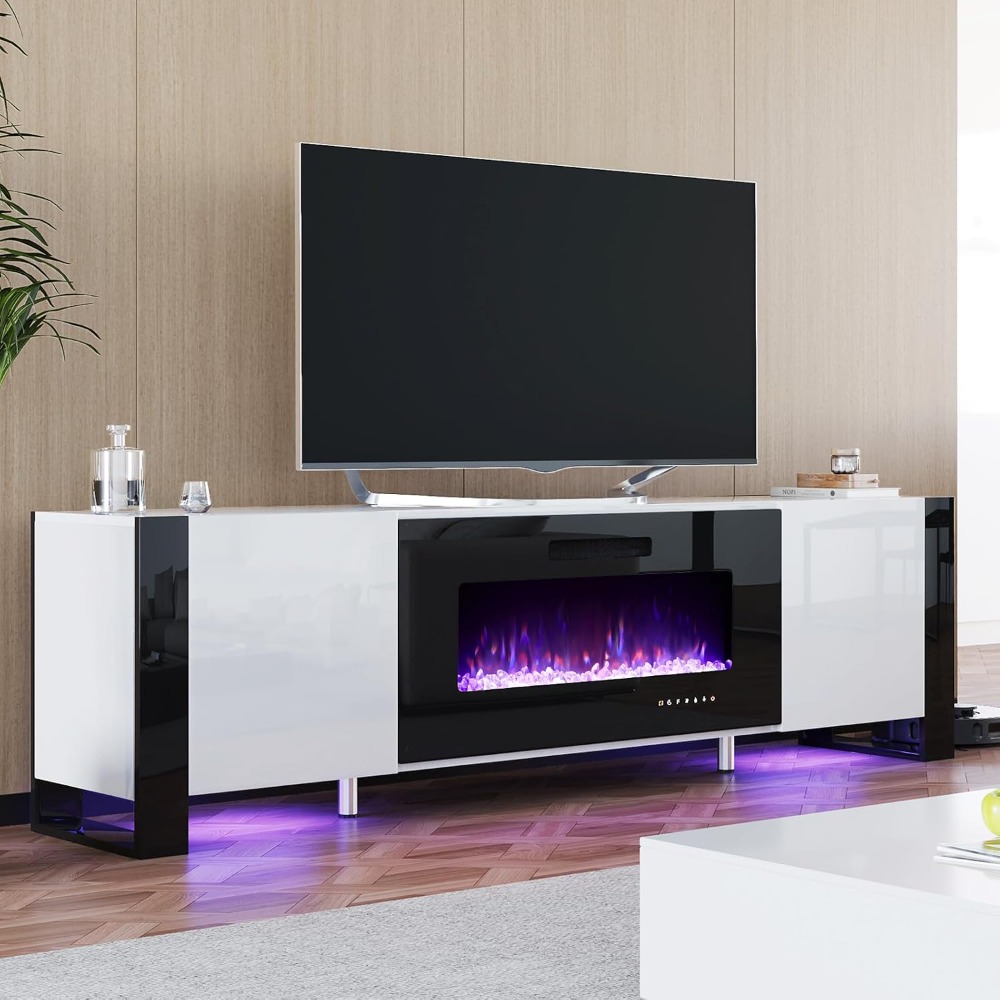 LEDライトとU字型脚付きのモダンなホワイト高光沢テレビスタンド暖炉エンターテイメントセンター最大90台のテレビ用