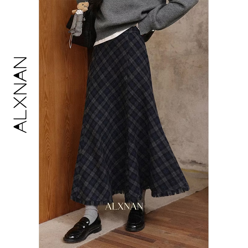 ALXNAN グレーチェック柄スカートハイウエストロング A ラインチェックフィッシュテールスカート秋カジュアルオフィスレディエレガントなタッセルスカート L57318