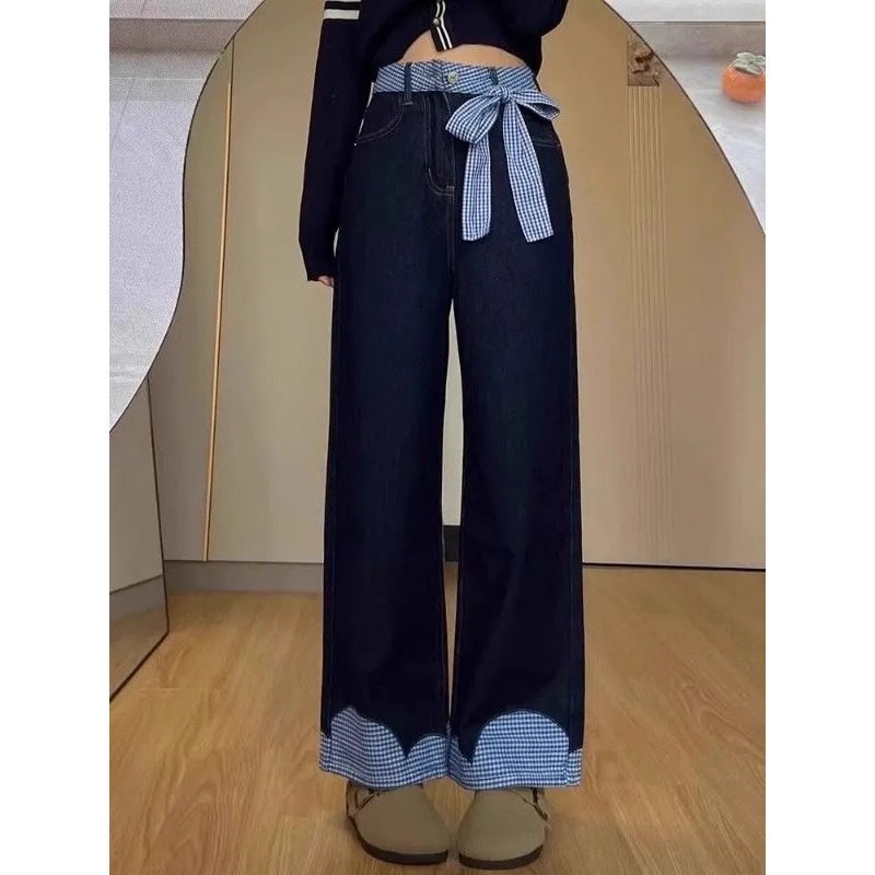 レトロハイウエストワイドレッグジーンズ女性の痩身ルーズフィット床長ズボンユニークなデザインレディースデニムパンツ