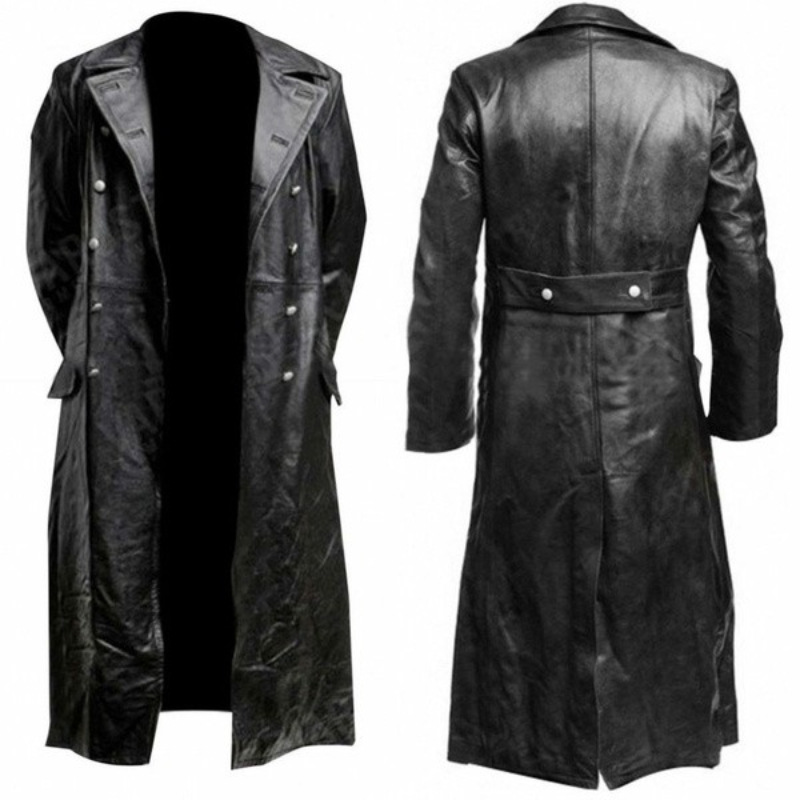 男性用マキシロングレザーウインドブレーカーダブルブレストレザージャケットメンズミリタリーレザーコート