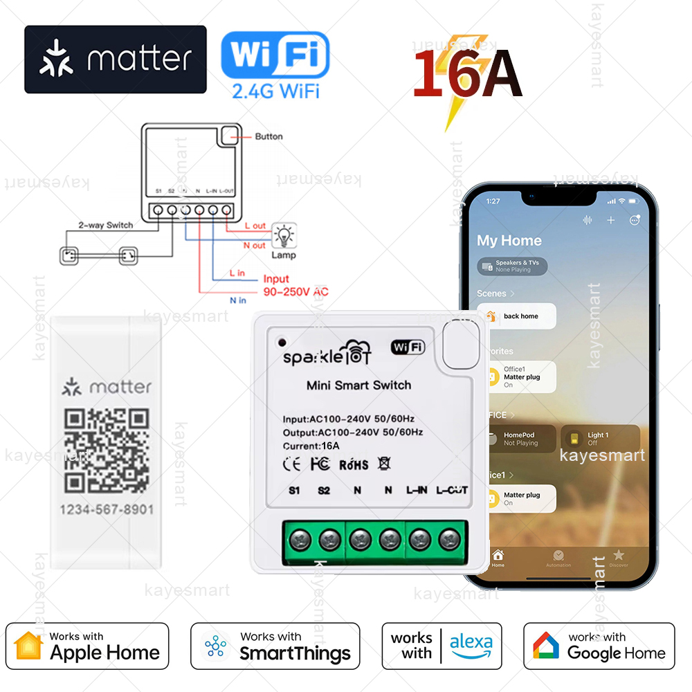Matter スマートスイッチ 16A ミニ WiFi リレーモジュール DIY ワイヤレスライトスイッチホームオートメーションはホームキット Alexa Google ホームで動作します