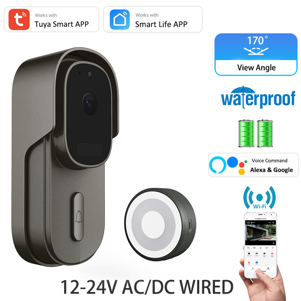 Tuya ビデオドアベル WiFi ワイヤレスドアベル DC AC バッテリー駆動 1080P 2MP 防水 Alexa ドアベルカメラ付き スマートホーム