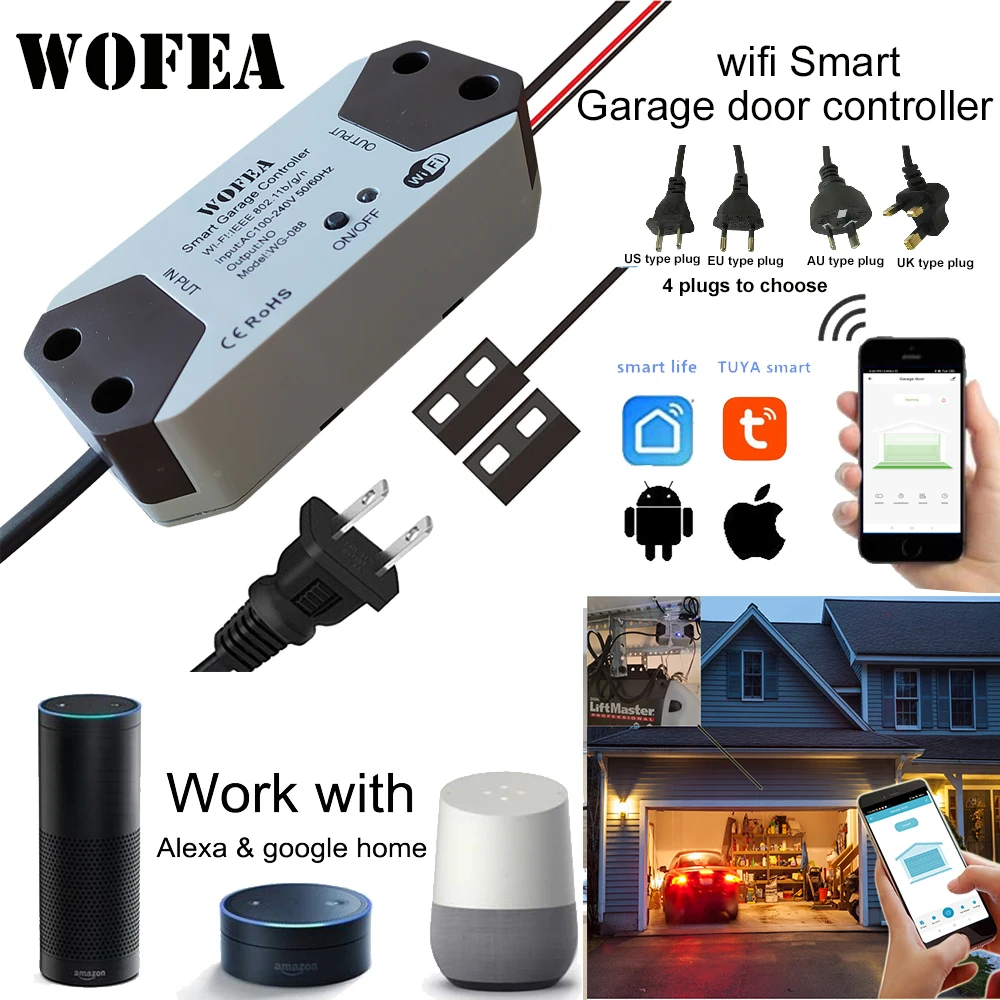 Wofea Smart WiFi Garage Door Opener Switch Controller Compatible with Alexa Echo Google Home SmartLife/Tuya APP No Hub Required