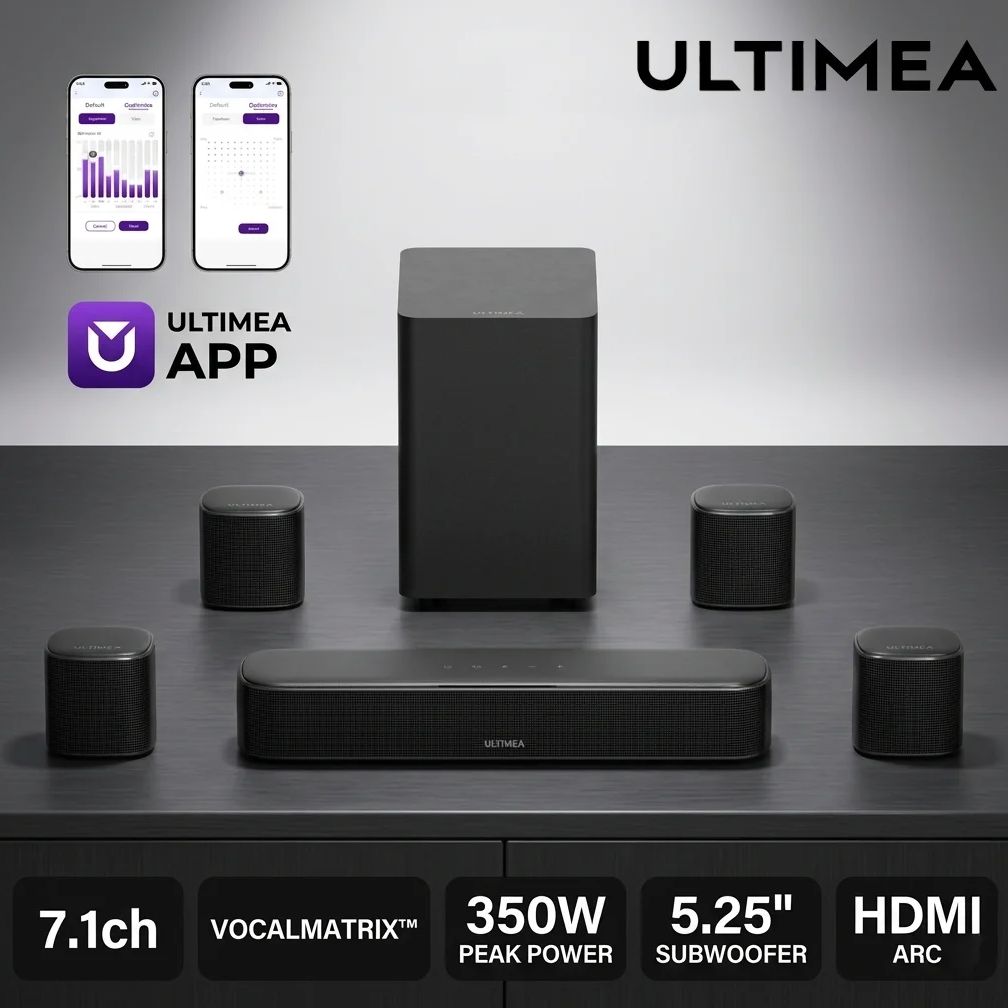 ULTIMEA Aura S4T 350W 7.1ch TV サウンドバー、4 サラウンド スピーカー、サブウーファー付きサラウンド サウンド システム、アプリ コントロール、HDMI ARC