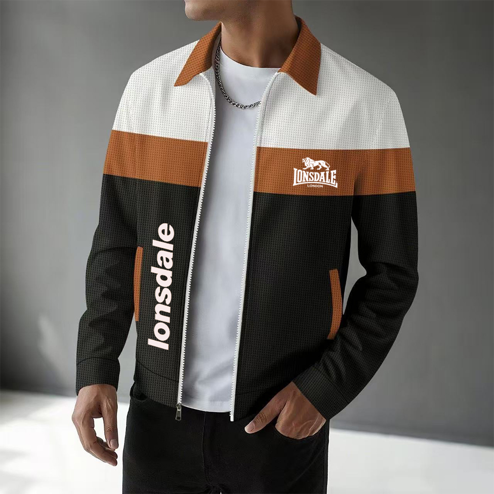 ロンズデール秋ワッフルカラーブロックジッパーポケットフリップカラーカジュアルメンズコートトップジャケットスウェットシャツ