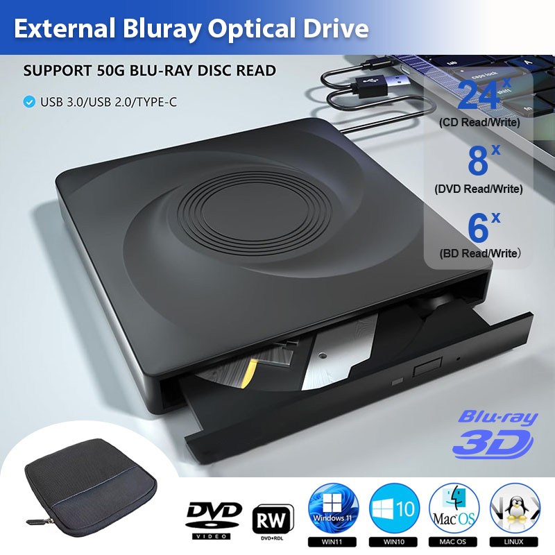 ノートパソコン PC Windows 11 10 Mac BD/CD/DVD -/RW 光学ドライブ用外付けブルーレイドライブ 収納バッグ付き DVD バーナー プレーヤー リーダー