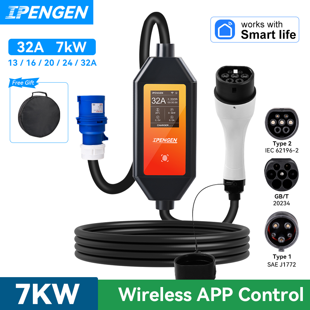 IPENGEN Type2 IEC62196-2 ポータブル EV 充電器 7KW 32A Type1 J1772 EVSE 高速充電ケーブル GBT 20234 CEE プラグ WiFi APP 制御