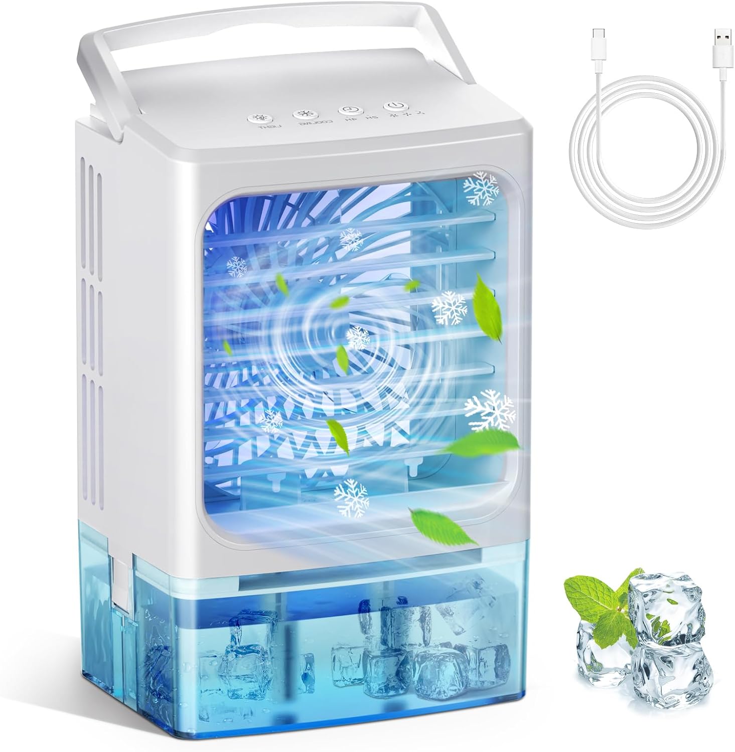 ポータブル蒸発空気クーラー、2つのミスト設定と900mlの水タンクを備えた3速ファン、7色のLEDライト、ミニACユニットが冷気を吹き出し、寝室、RV、デスク、オフィス、屋内で使用できます。