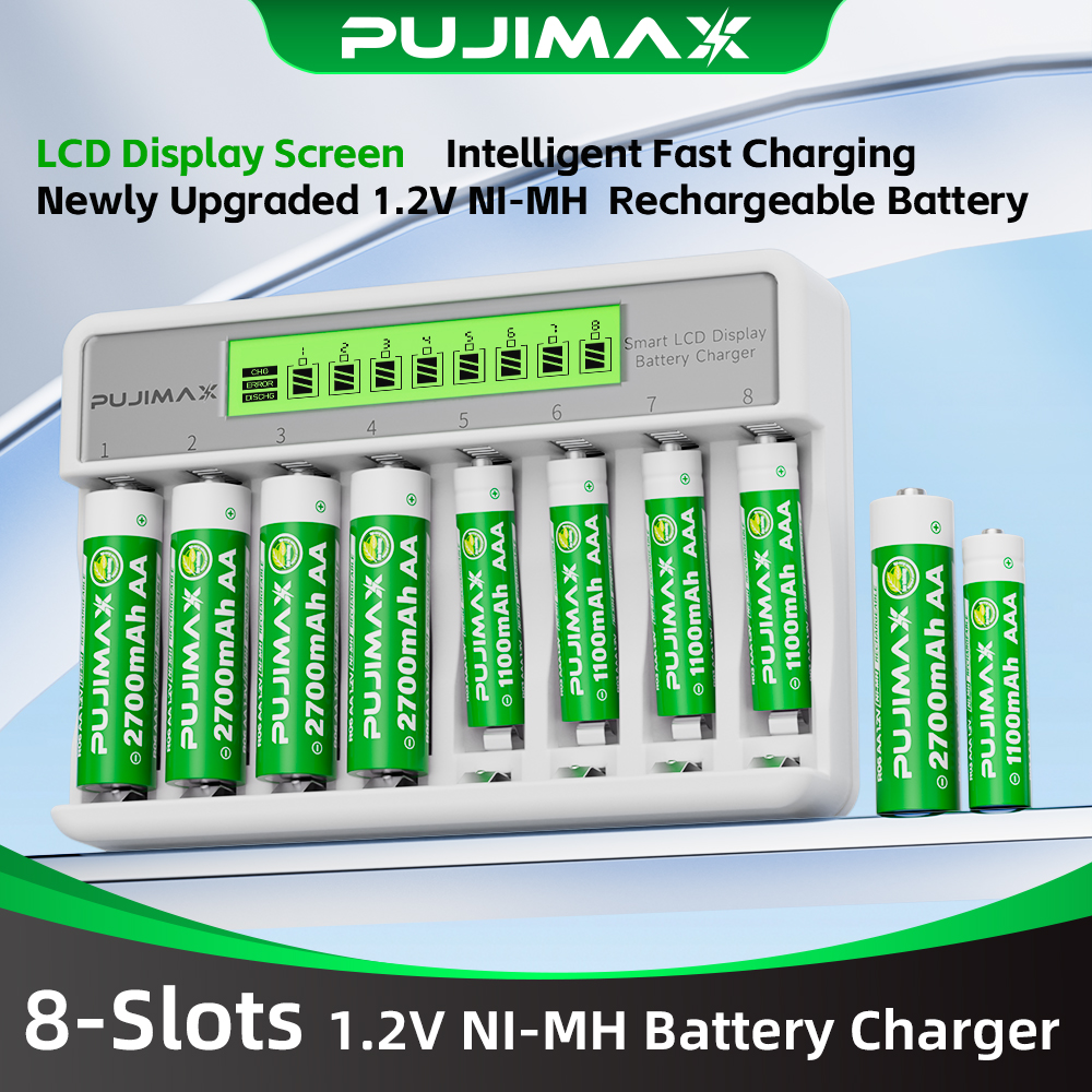 PUJIMAX 8 スロット LCD ディスプレイ高速スマートバッテリー充電器 Type-C 充電 1.2V Ni-MH Ni-CD AA AAA 充電式バッテリー充電器
