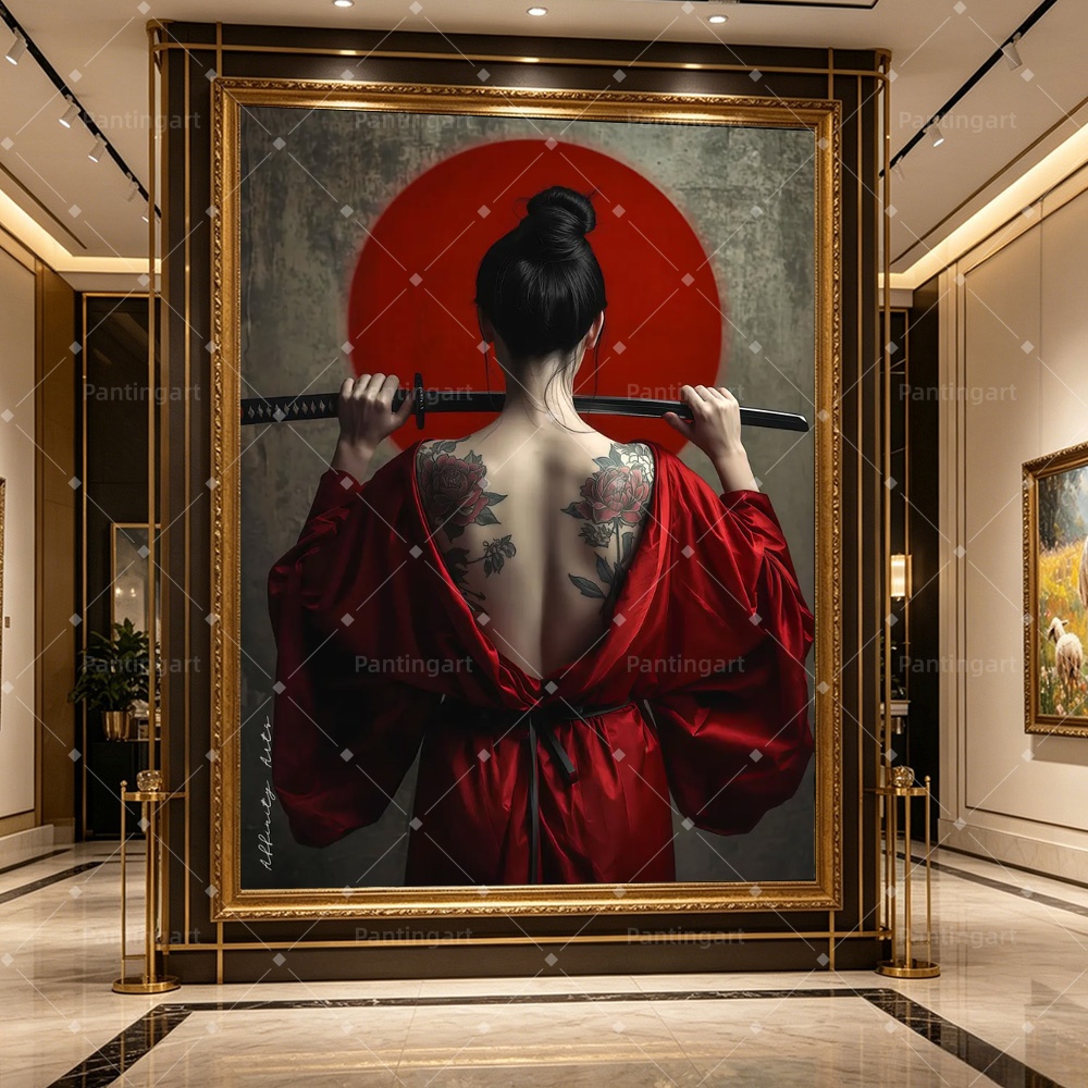 レトロ日本の着物女性サムライ全身タトゥーキャンバス絵画ダーク日本の芸者サムライアートポスター寝室の家の装飾