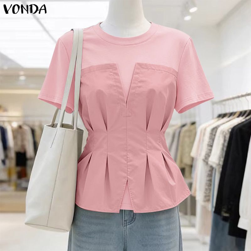 カジュアル無地ブラウス半袖夏 Blusas パッチワークプルオーバー 2026 ZANZEA エレガントな仕事オフィスチュニックルーズトップス 5XL