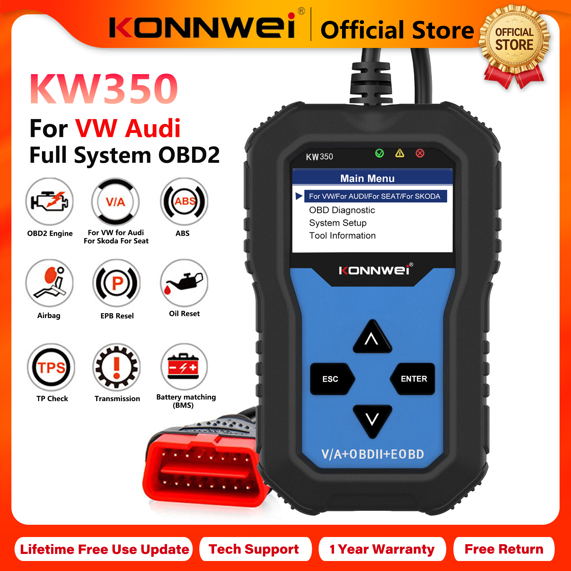 2026 KONNWEI KW350 フルシステム OBD2 車診断ツール VW アウディ ABS エアバッグオイルリセットライト EPB SAS TPMS サービス機能