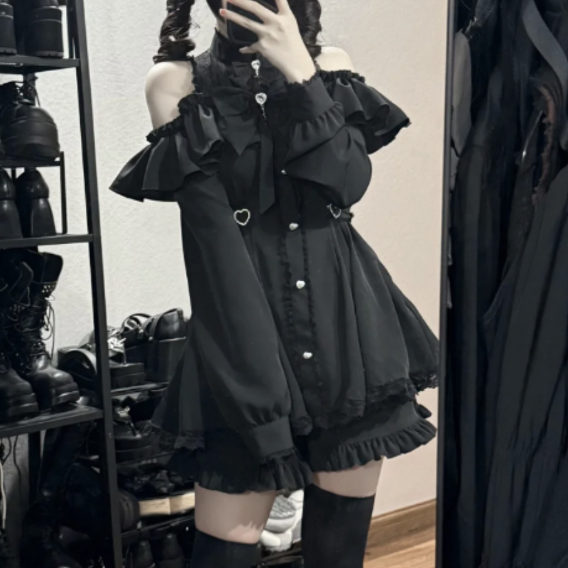 日本ゴシック Y2k ロリータスタイルの弓ドレスショーツセット女性レースフリルオフショルダーボタンシャツドレス甘いスリムパーティードレス