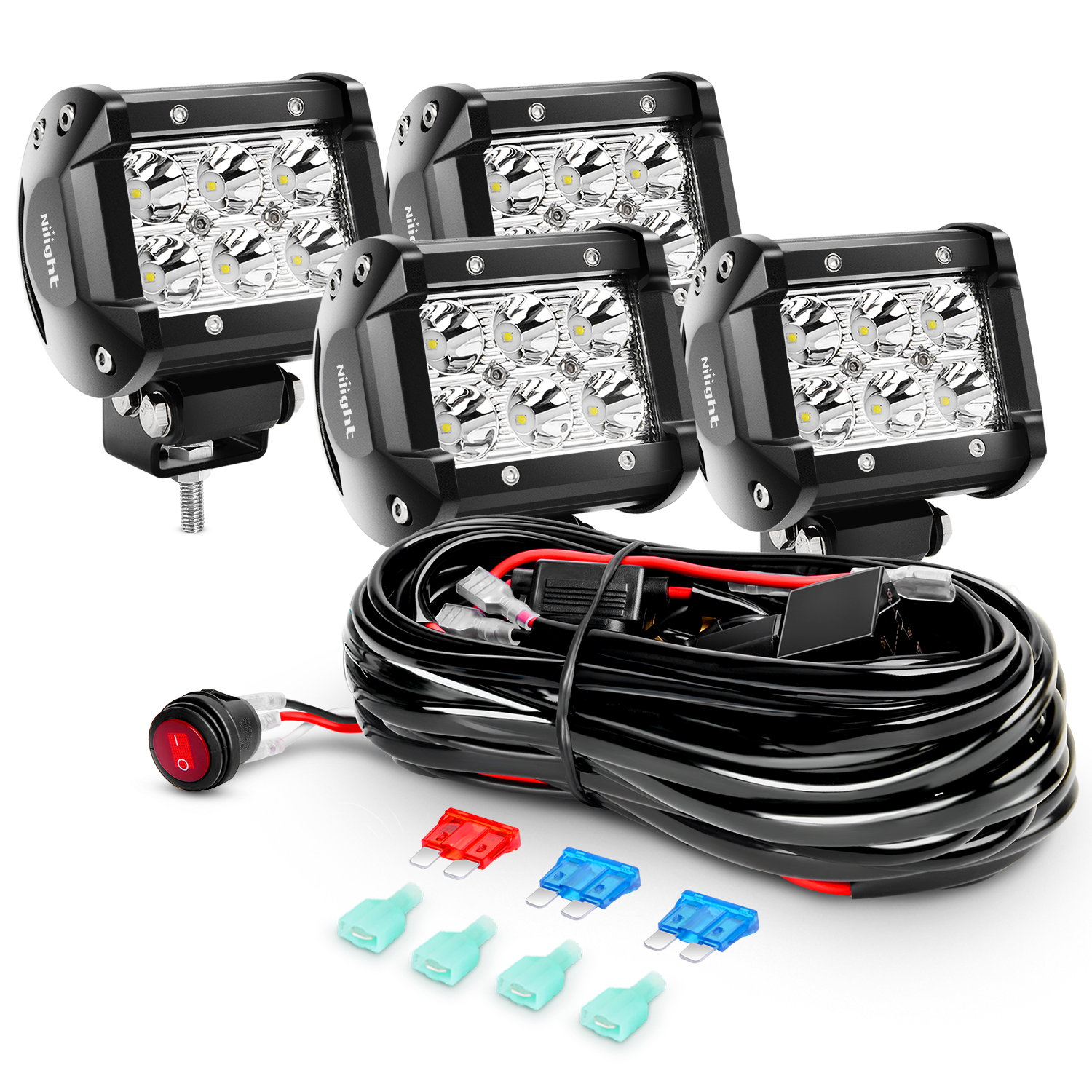 Nilight 4PCS 4 Inch 18W Spot Led Light Bars LED Work Lights Led Fog Lights Off Road Driving Lights with Off Road Wiring Harness