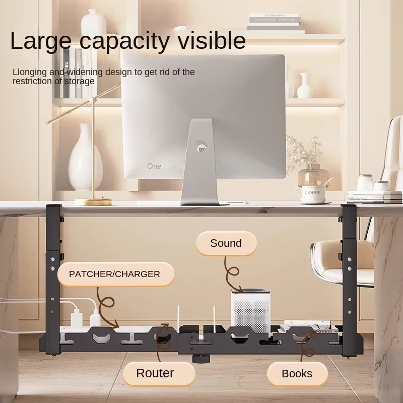 No Drilling Under Desk Wire Management Tray Retractable Cable Organizers in Home Office PC Router Data Wire Metal Storage Rack