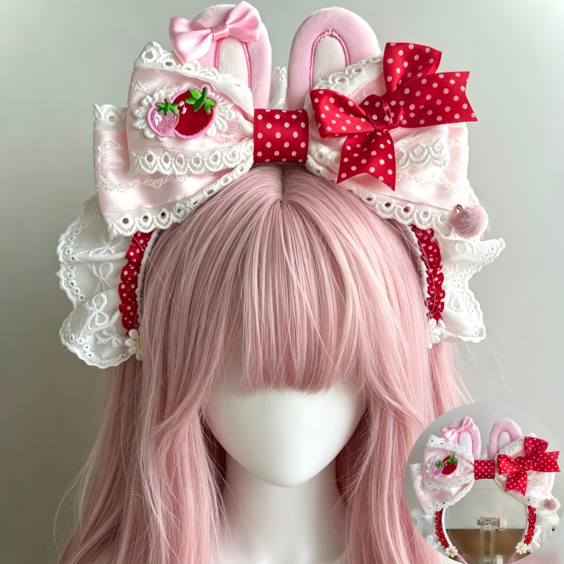 オリジナルピンク水玉イチゴカチューシャ KC メイドスタイルレースライトピンクリボン頭飾りロリータ甘いヴィンテージヘアアクセサリー