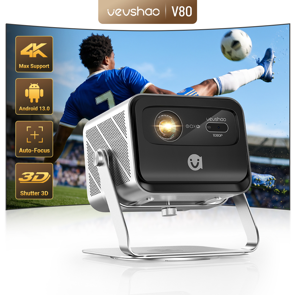 VEVSHAO V80 4K プロジェクター フル HD1080P 2200 アニス ルーメン Android 11.0 WiFi 6 ビデオ ホームムービーシアター プロジェクター ベーススタンド付き