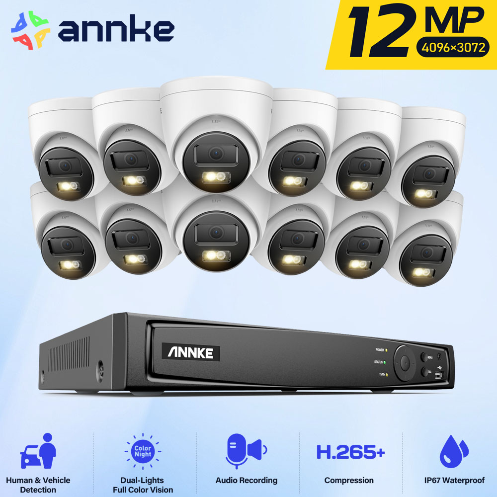 ANNKE スマートデュアルライト HD POE ビデオセキュリティシステム 16CH 12MP NVR H.265 12X 12MP 耐候性監視 IP カメラ付き