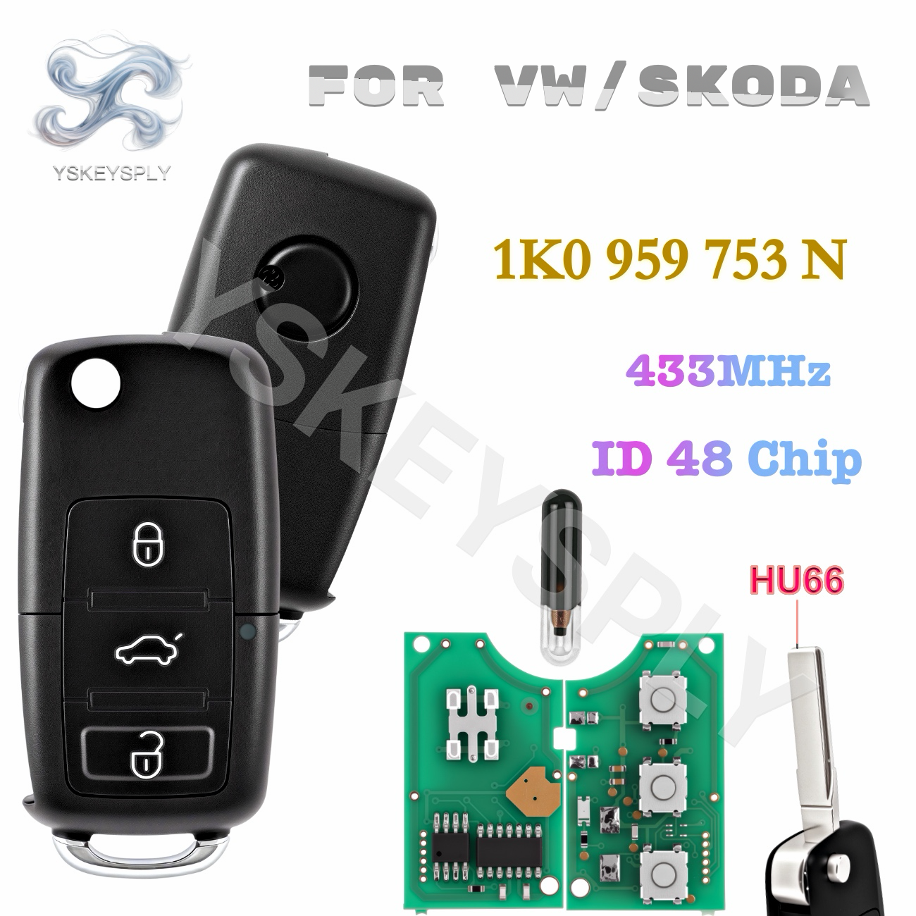 Vw キャディーゴルフジェッタティグアンポロパサート B5 B6 シュコダリモートキー Fob HU66 ID48 チップ 1K0 959 753 N 433MHz